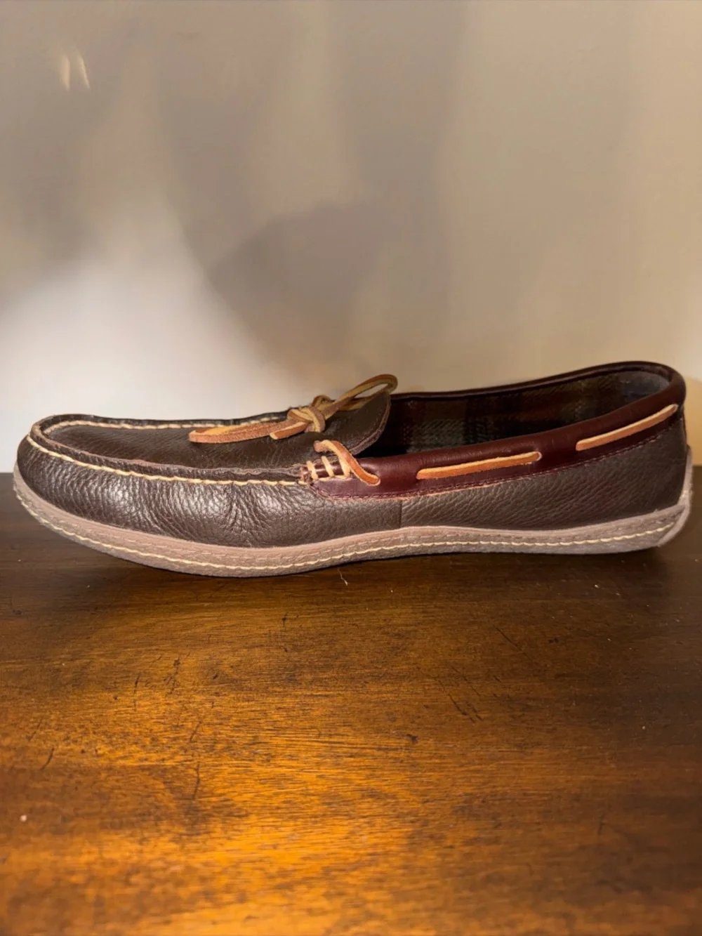 L.L. Bean Handsewn Flannel Lined Moccasin Slippers Men's Brown Leather - US 12